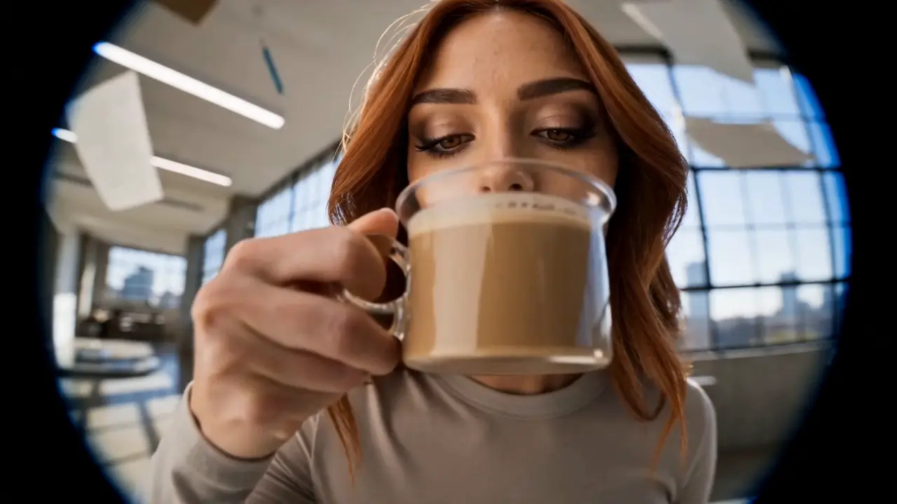 A woman sips a coffee at her desk.