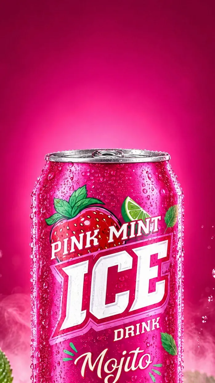 A Pink Mint ICE drink can, beaded with cold droplets.