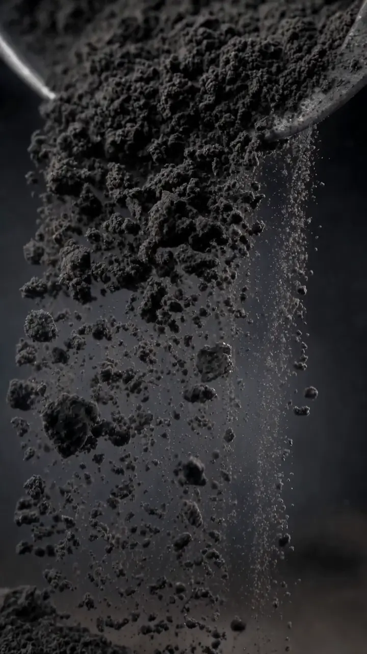 Still from a nutrition commercial: dark powder pouring from a metal scoop, close up.