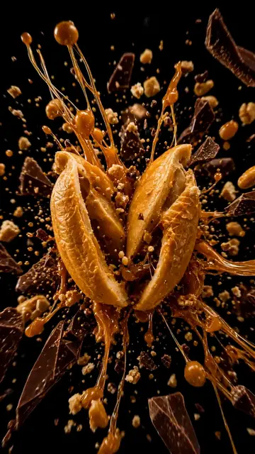 Peanuts and caramel burst apart against black.