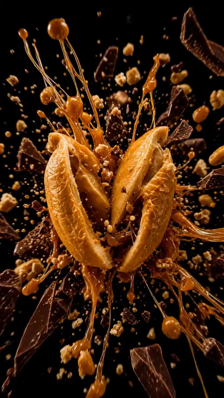 Peanuts and caramel burst apart against black.