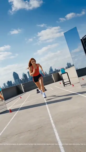 A runner sprints across a rooftop track.